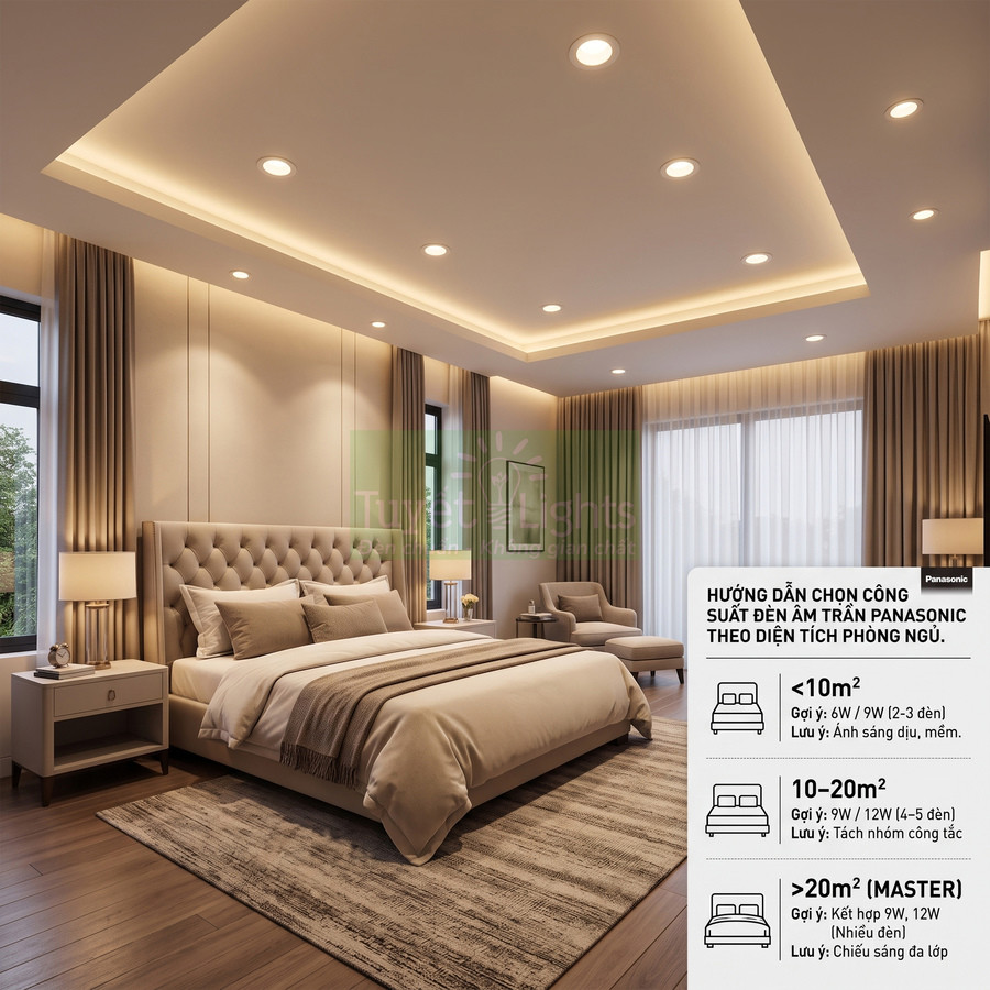 Đèn âm trần Panasonic chiếu sáng phòng ngủ master hiện đại với trần giật cấp và nội thất sang trọng