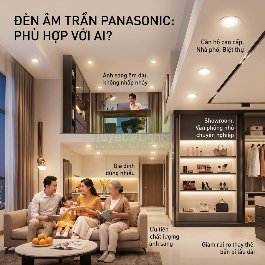 Đèn âm trần Panasonic chiếu sáng phòng khách gia đình và tủ trưng bày showroom hiện đại