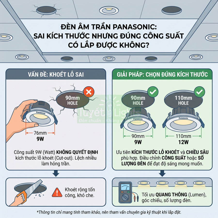 Hướng dẫn chọn kích thước đèn âm trần Panasonic 9W 12W phù hợp lỗ khoét trần 90mm 110mm