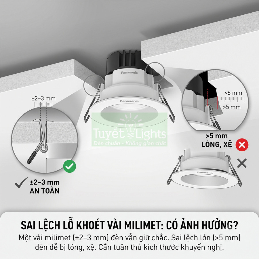 Đèn downlight âm trần Panasonic và hướng dẫn sai lệch lỗ khoét an toàn khi lắp đặt