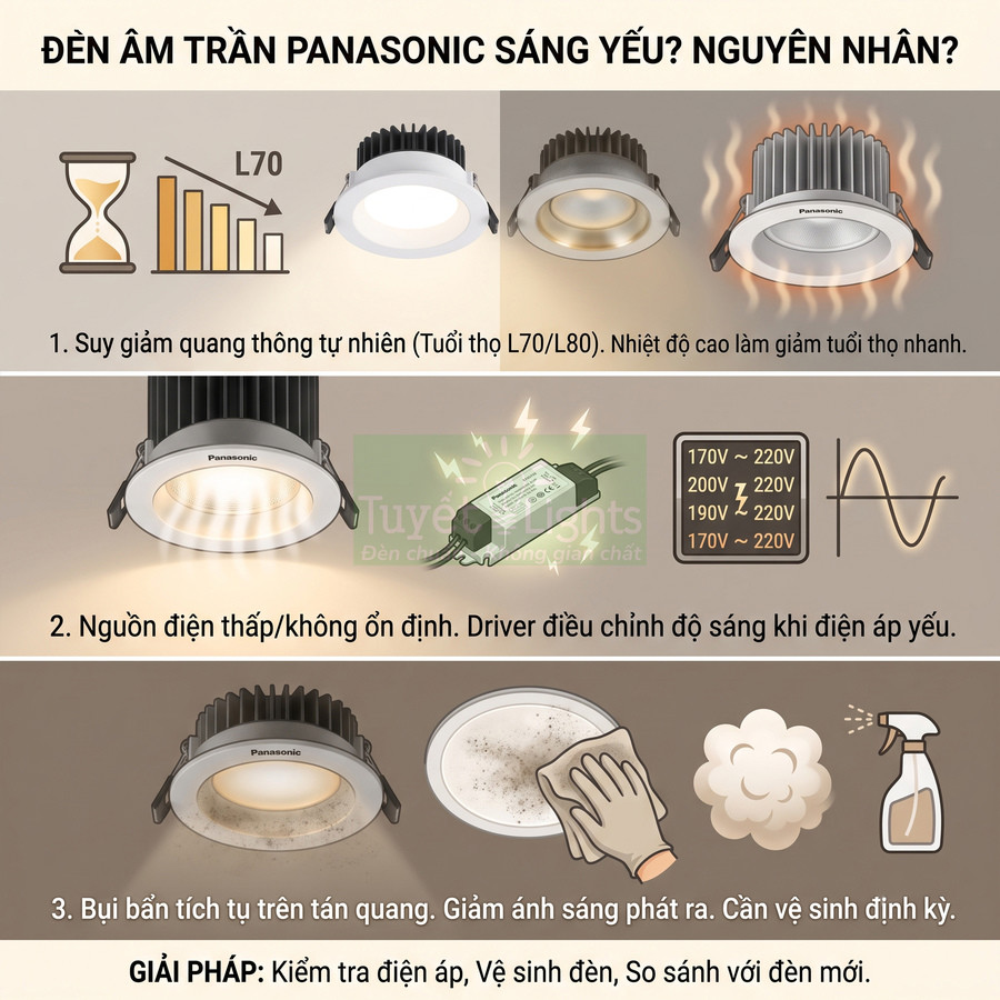 Nguyên nhân đèn âm trần Panasonic sáng yếu và cách khắc phục do suy giảm quang thông, nguồn điện, bụi bẩn
