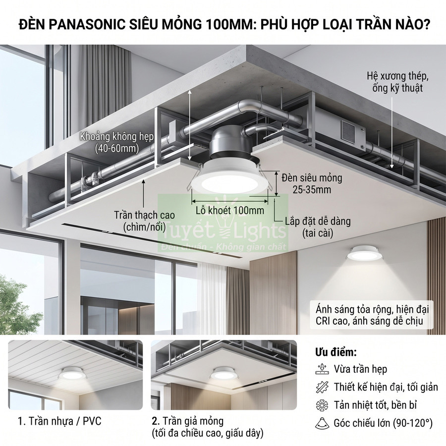 Đèn âm trần Panasonic siêu mỏng 100mm lắp trên trần thạch cao, ánh sáng trắng hiện đại trong phòng khách