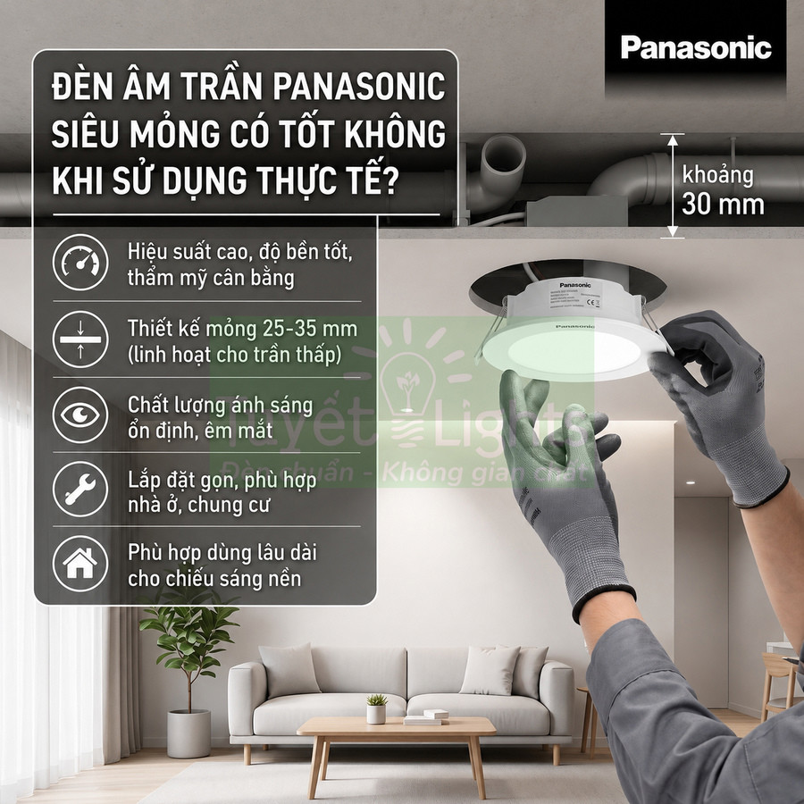 Đèn âm trần Panasonic siêu mỏng đang được lắp đặt trong phòng khách hiện đại, thiết kế mỏng gọn, ánh sáng dịu