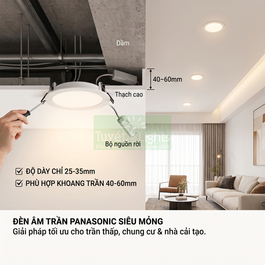 Đèn âm trần Panasonic siêu mỏng đang lắp đặt và chiếu sáng phòng khách hiện đại
