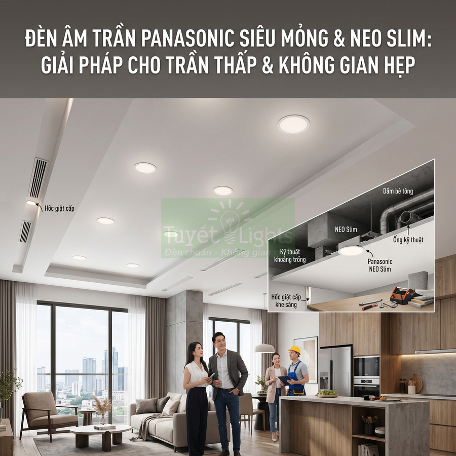 Đèn âm trần Panasonic siêu mỏng Neo Slim lắp trong phòng khách và bếp căn hộ hiện đại