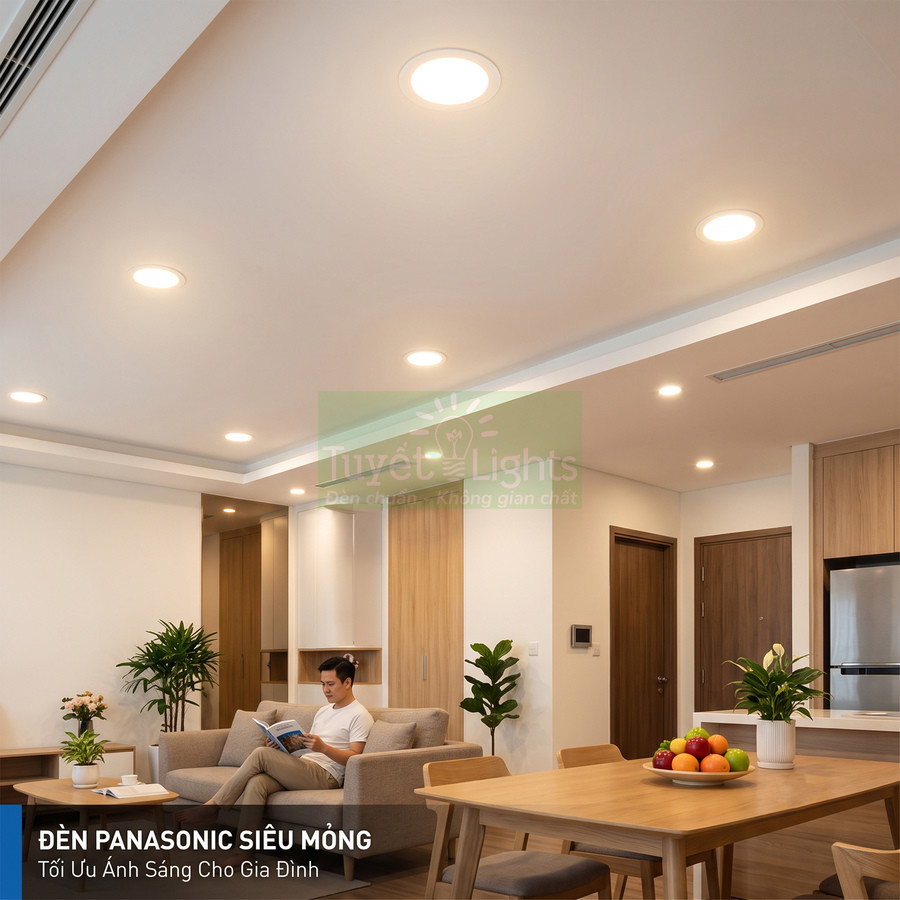 Đèn âm trần Panasonic siêu mỏng chiếu sáng phòng khách và bếp hiện đại có người đàn ông đọc sách