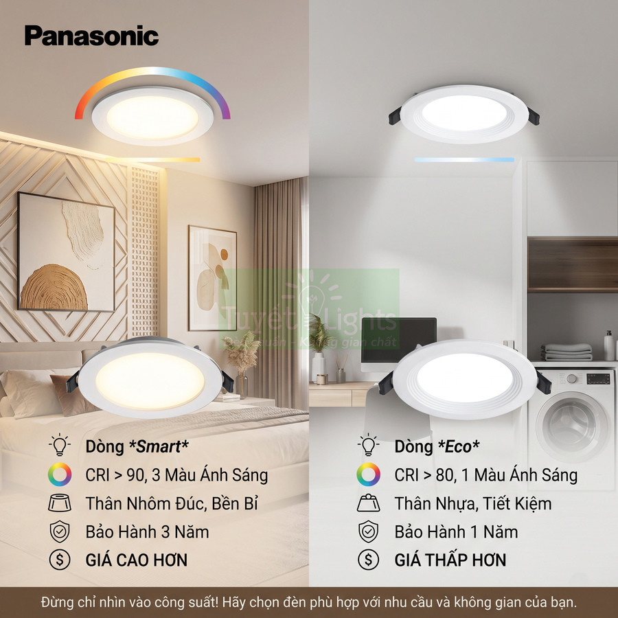 Đèn led âm trần Panasonic dòng Smart và Eco lắp trong phòng ngủ và phòng giặt hiện đại