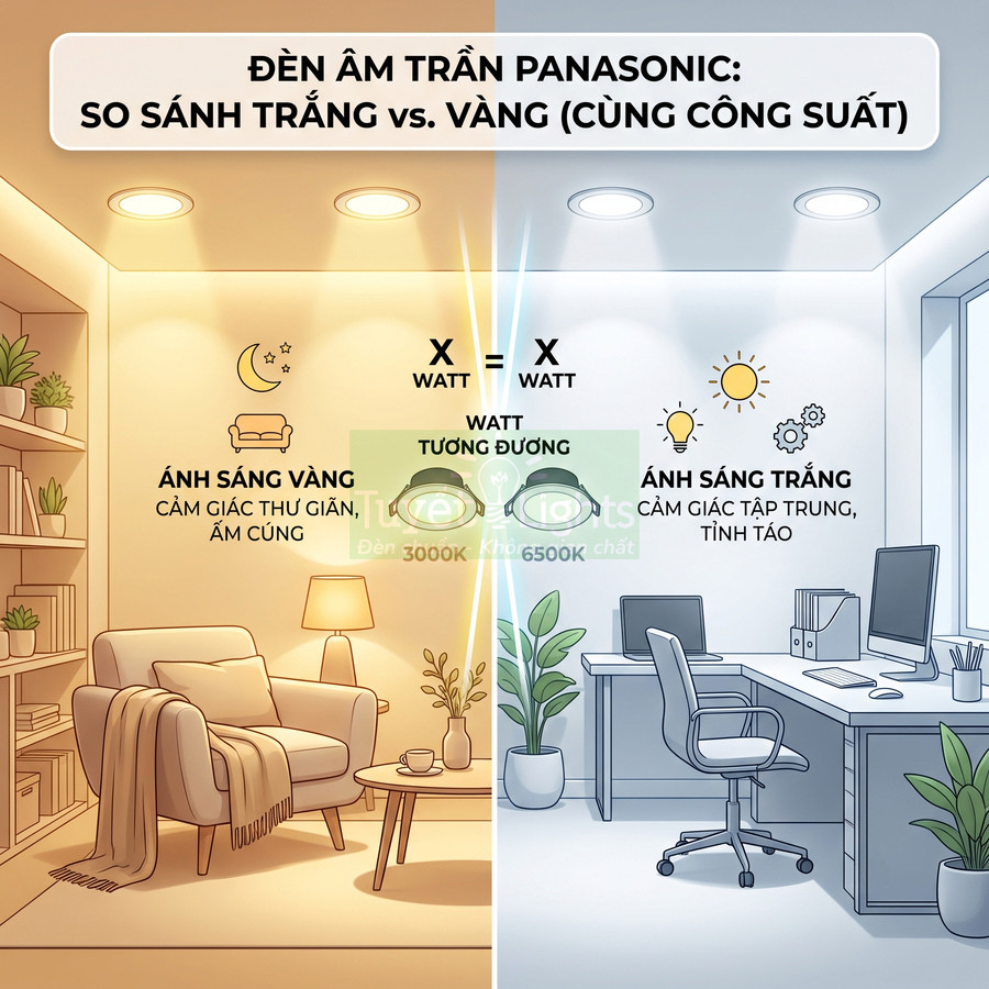 Đèn âm trần Panasonic so sánh ánh sáng vàng thư giãn và ánh sáng trắng tập trung trong phòng khách và phòng làm việc