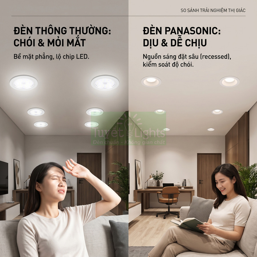 So sánh đèn LED thường gây chói với đèn âm trần Panasonic dịu mắt trong phòng khách hiện đại
