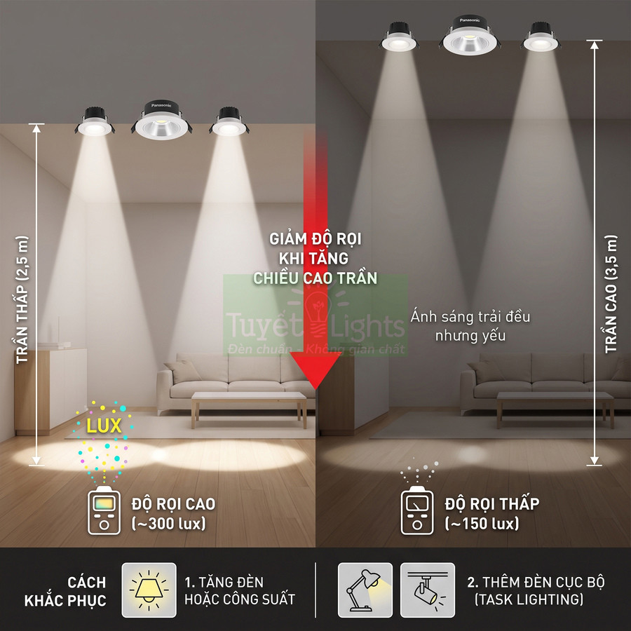 Đèn downlight âm trần Panasonic chiếu sáng phòng khách, so sánh độ rọi trần thấp và trần cao