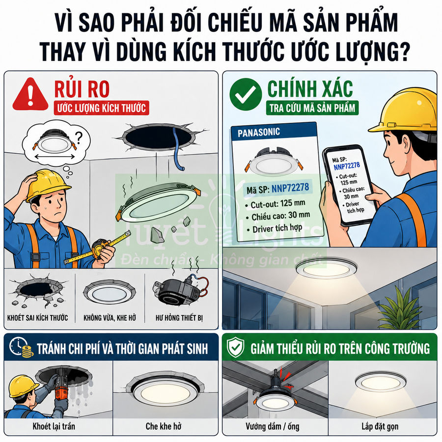 Hướng dẫn chọn đèn âm trần Panasonic NNP72278 bằng mã sản phẩm để lắp đặt chính xác, tránh khoét sai kích thước