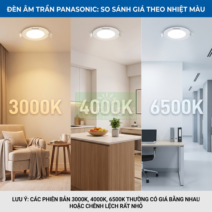 Đèn âm trần Panasonic so sánh ba mức nhiệt màu 3000K 4000K 6500K trong các không gian nội thất
