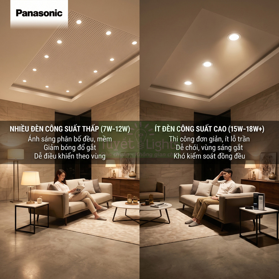 Đèn LED âm trần Panasonic chiếu sáng phòng khách hiện đại, so sánh nhiều đèn công suất thấp và ít đèn công suất cao