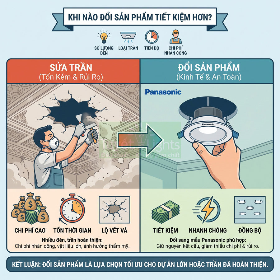 So sánh sửa trần và thay đèn âm trần Panasonic tiết kiệm chi phí, thi công nhanh, an toàn