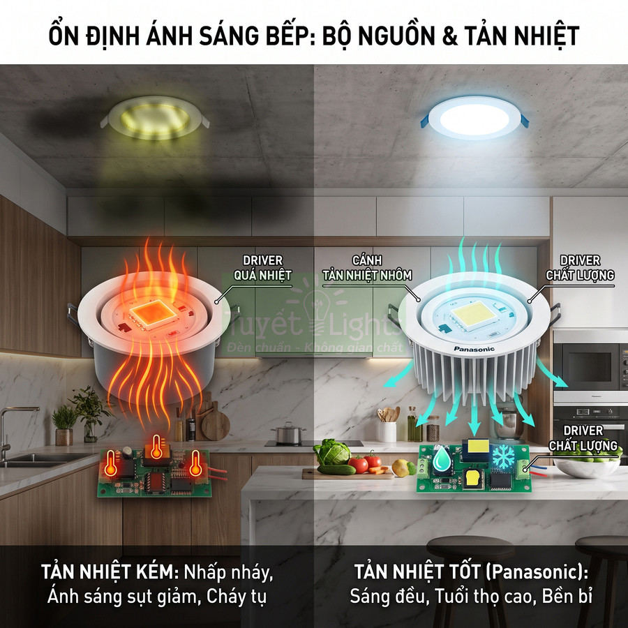 Đèn led âm trần Panasonic tản nhiệt tốt cho ánh sáng bếp ổn định và bền bỉ