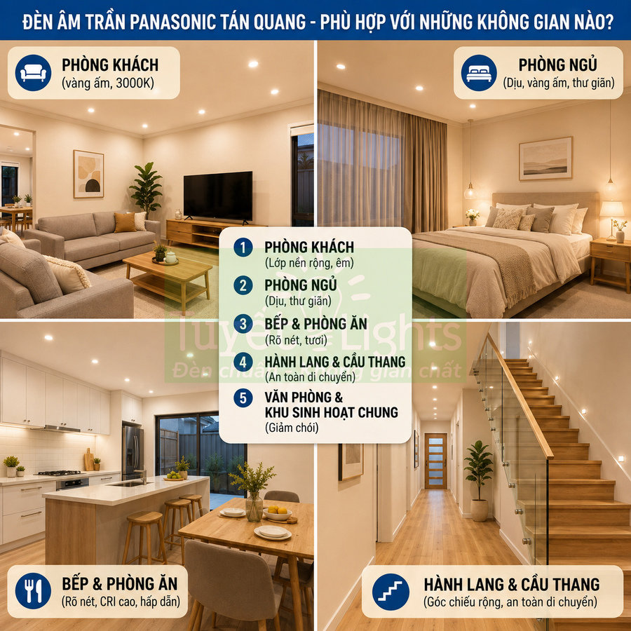 Đèn âm trần Panasonic tán quang chiếu sáng phòng khách, phòng ngủ, bếp và hành lang trong căn hộ hiện đại