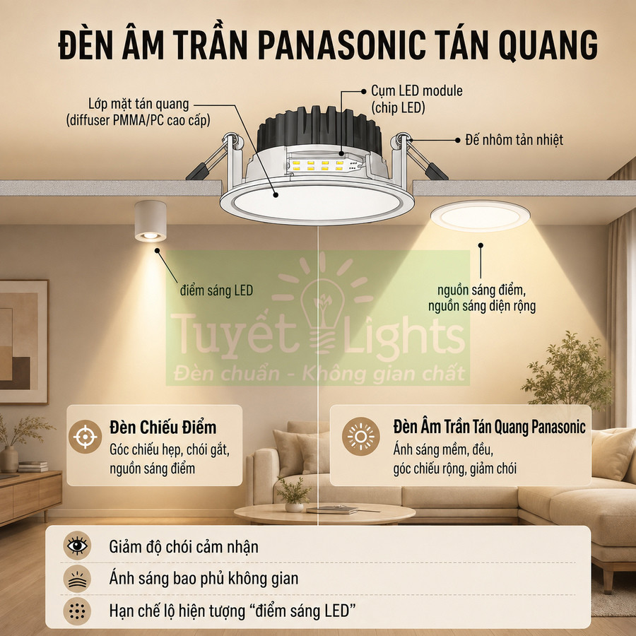 Đèn âm trần Panasonic tán quang lắp trong phòng khách, ánh sáng LED mềm và đều, giảm chói, chiếu sáng rộng