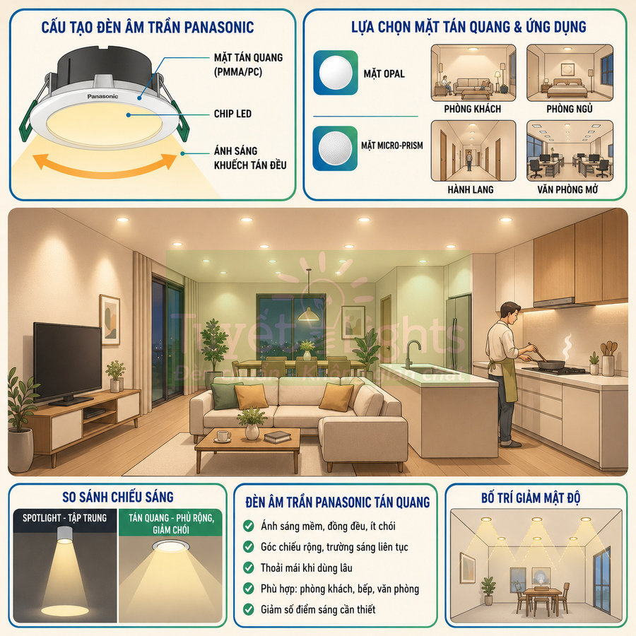 Đèn âm trần Panasonic tán quang có ưu điểm gì?