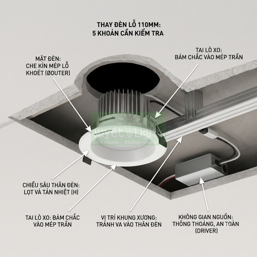 Đèn downlight âm trần Panasonic lắp đặt trong trần bê tông kèm driver và hướng dẫn vị trí lò xo, khung xương