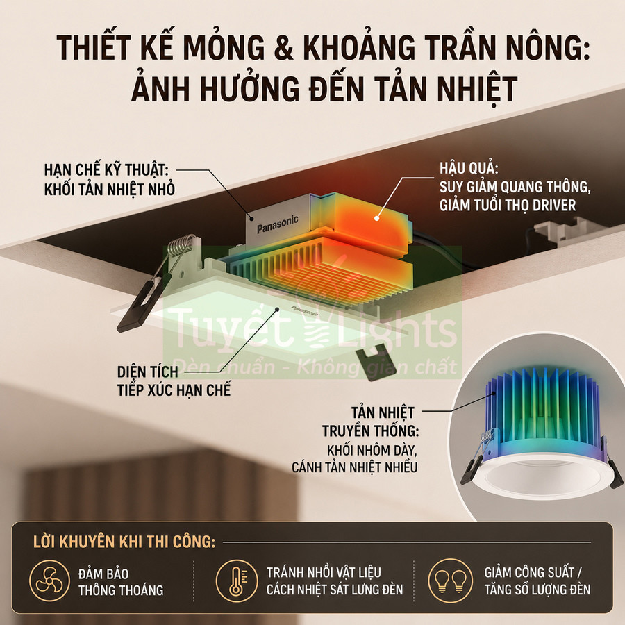 Đèn downlight âm trần Panasonic với khối tản nhiệt nhôm nhiều cánh và hướng dẫn lắp đặt đảm bảo tản nhiệt tốt