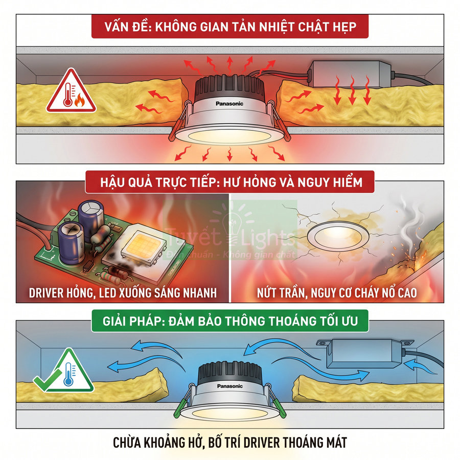 Đèn downlight Panasonic và driver âm trần, minh họa cách lắp đặt thoáng khí để tản nhiệt an toàn