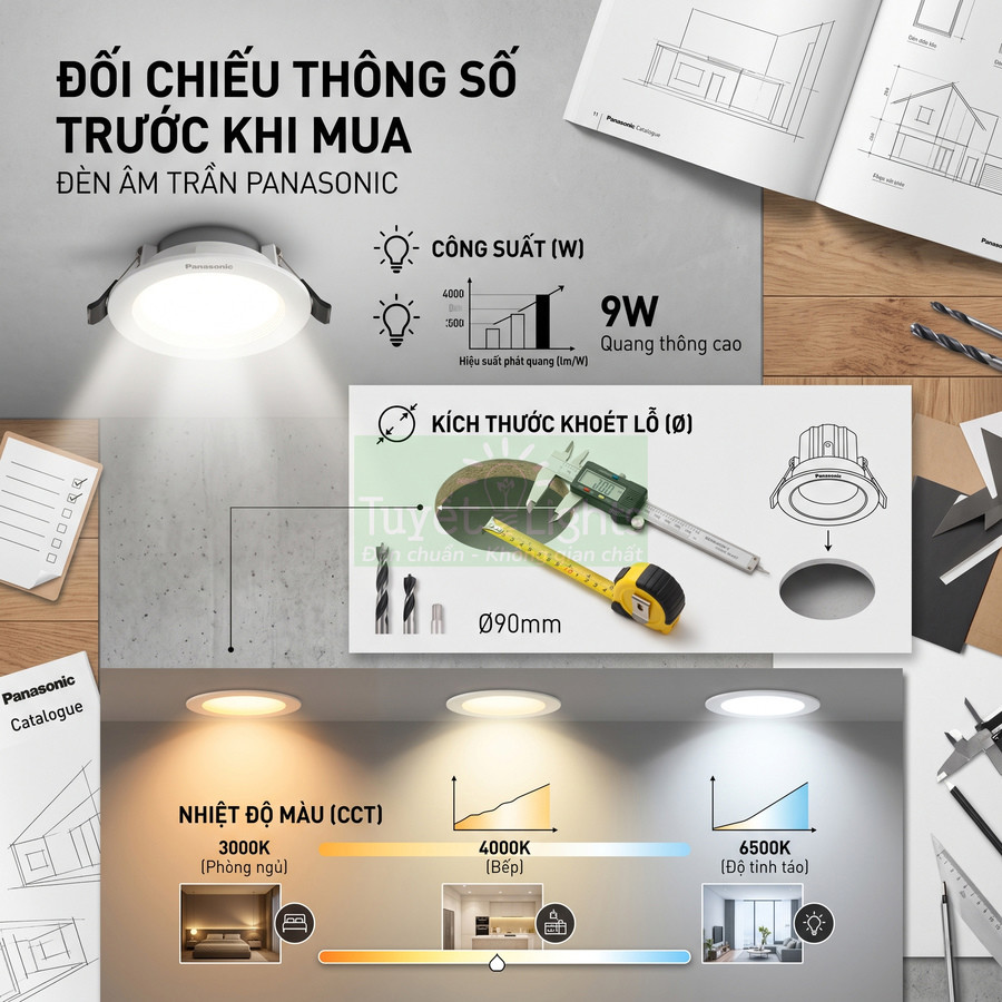 Đèn âm trần Panasonic 9W, kích thước khoét lỗ 90mm, ba mức nhiệt độ màu 3000K 4000K 6500K