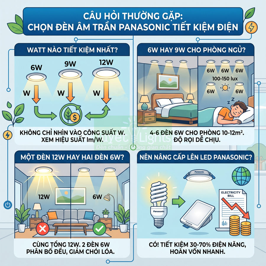 Infographic hướng dẫn chọn đèn âm trần LED Panasonic tiết kiệm điện cho phòng ngủ và phòng khách