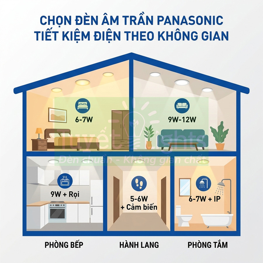 Hướng dẫn chọn đèn âm trần Panasonic tiết kiệm điện cho phòng ngủ, phòng khách, bếp, hành lang và phòng tắm