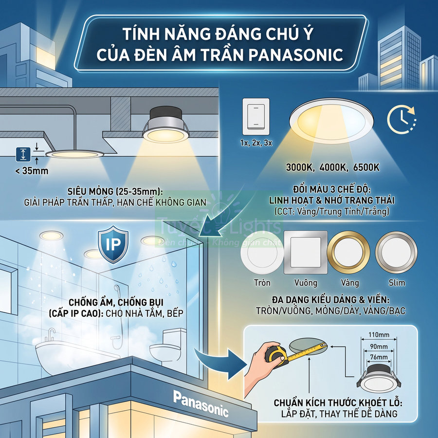 Đèn âm trần Panasonic siêu mỏng chống ẩm chống bụi, đổi màu 3 chế độ cho trần nhà tắm và bếp