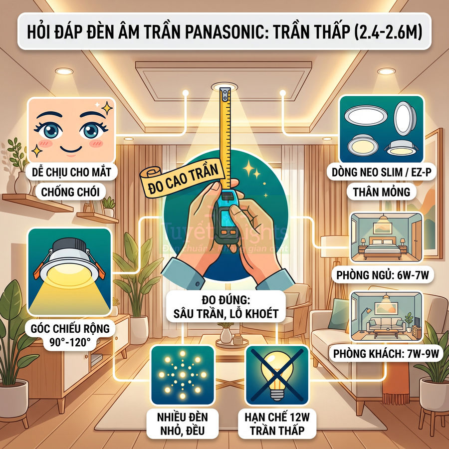 Hướng dẫn chọn đèn âm trần Panasonic cho trần thấp, nêu ưu điểm chống chói, góc chiếu rộng và công suất cho phòng ngủ, phòng khách