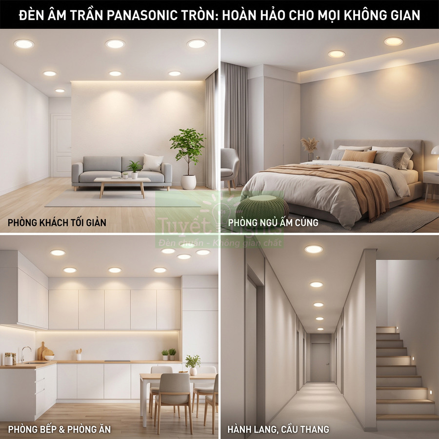 Đèn âm trần Panasonic tròn chiếu sáng phòng khách, phòng ngủ, bếp và hành lang hiện đại