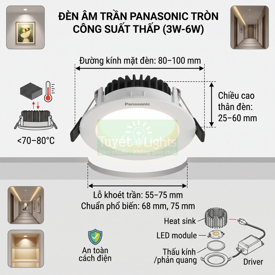 Đèn âm trần Panasonic tròn công suất thấp 3W 6W kèm thông số kích thước và cấu tạo chi tiết