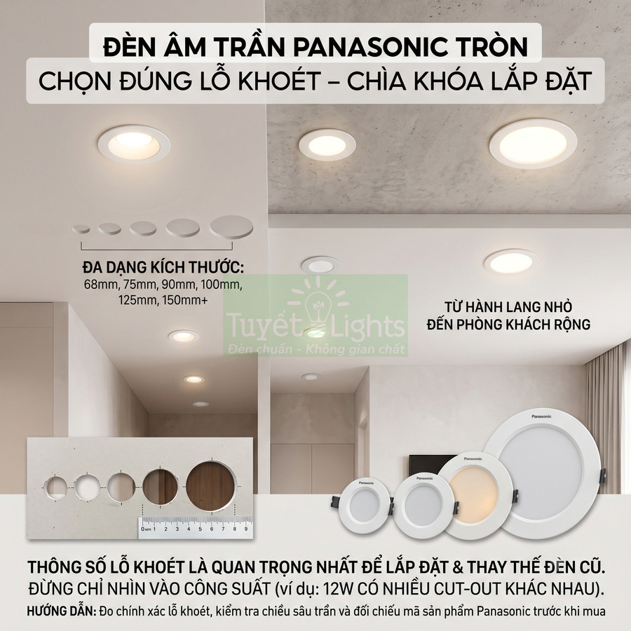 Đèn âm trần Panasonic tròn có những kích thước nào?