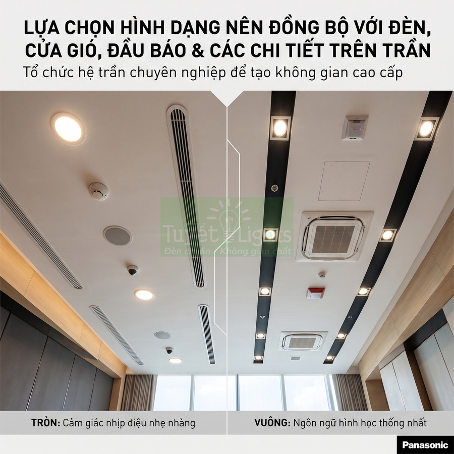 Trần thạch cao phòng họp với đèn âm trần Panasonic hình tròn và vuông bố trí đồng bộ cùng cửa gió điều hòa
