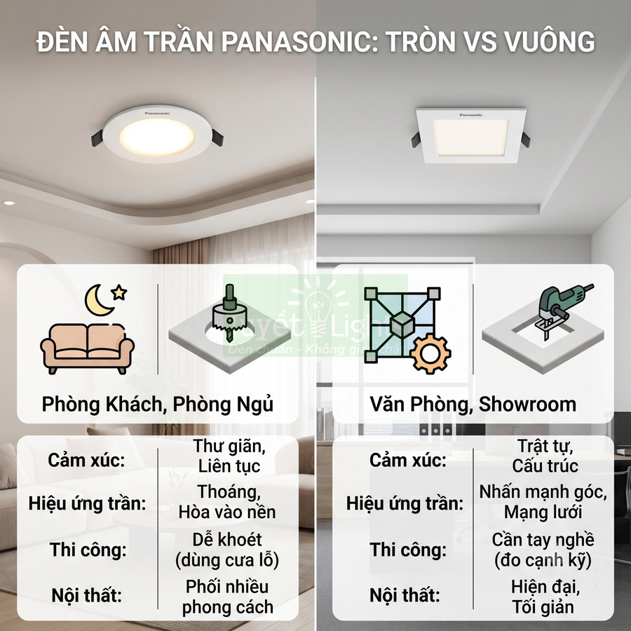 Đèn âm trần Panasonic tròn và vuông lắp trong phòng khách, phòng ngủ, văn phòng và showroom