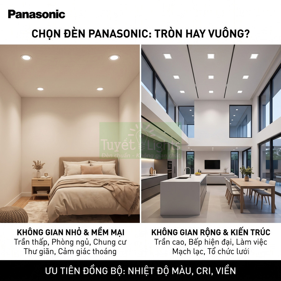 Đèn âm trần Panasonic tròn cho phòng ngủ nhỏ và đèn vuông cho không gian bếp, phòng khách hiện đại