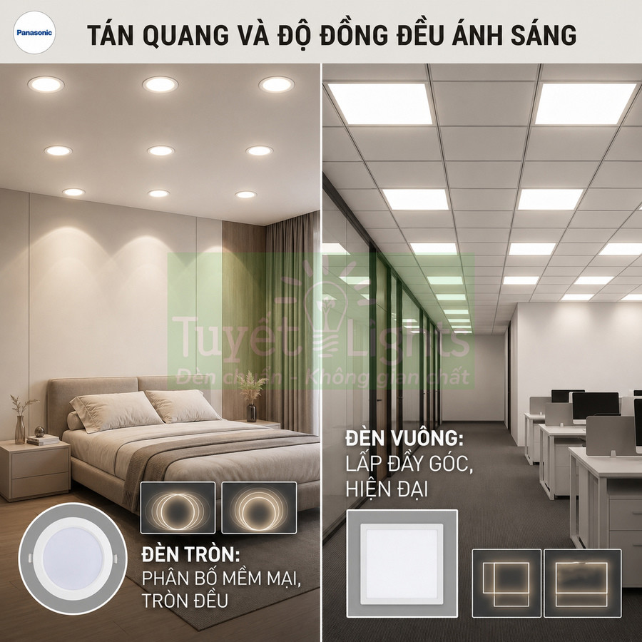 Đèn LED âm trần Panasonic tròn và vuông chiếu sáng phòng ngủ và văn phòng hiện đại, ánh sáng tán quang đều