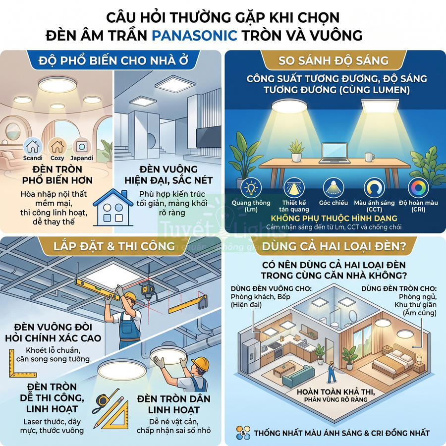Infographic hướng dẫn chọn đèn âm trần Panasonic tròn và vuông cho nhà ở, so sánh độ sáng và cách lắp đặt