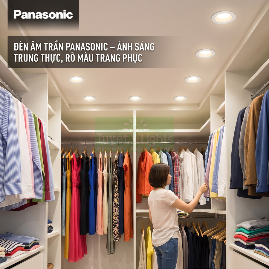 Đèn âm trần Panasonic chiếu sáng tủ quần áo, giúp người phụ nữ chọn trang phục rõ màu sắc