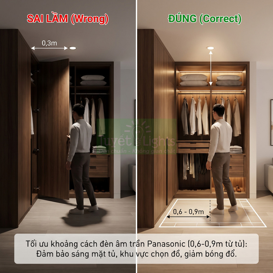 So sánh vị trí lắp đèn âm trần Panasonic đúng và sai trước tủ quần áo gỗ trong phòng ngủ