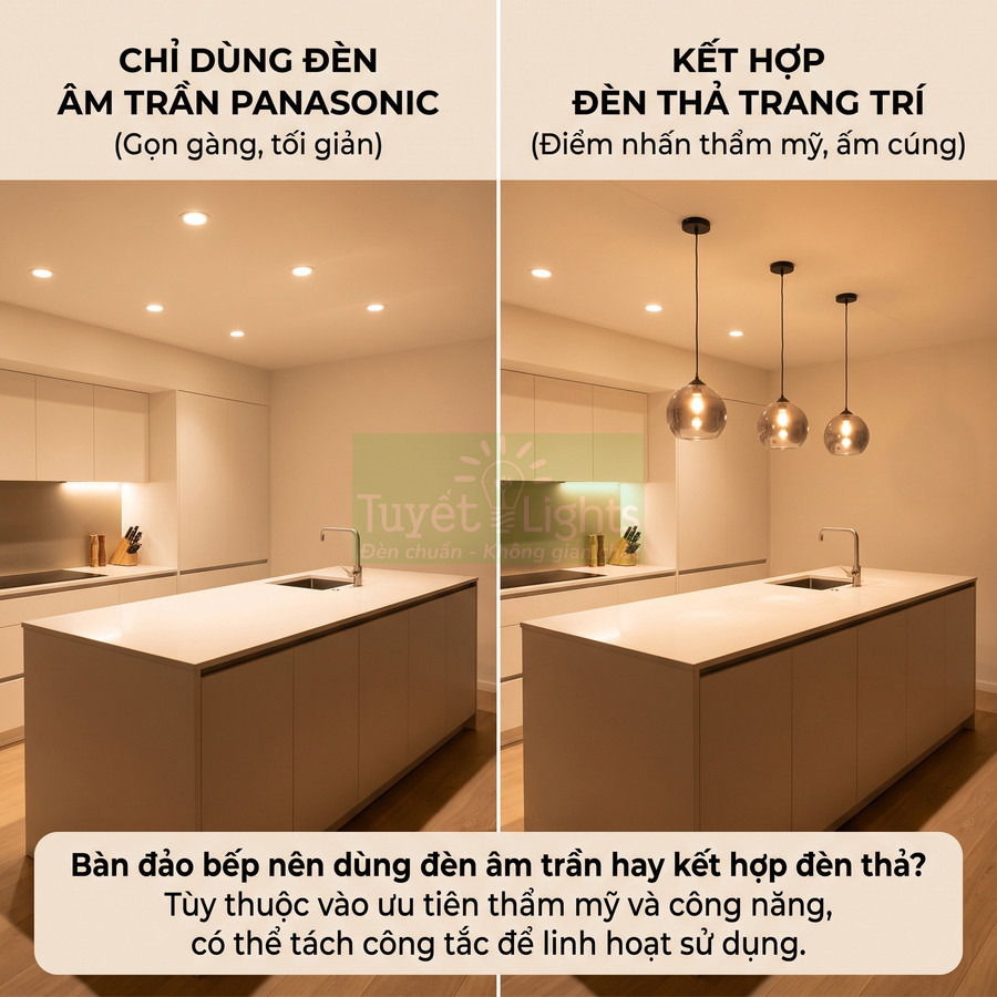 So sánh bàn đảo bếp dùng đèn âm trần Panasonic và kết hợp đèn thả trang trí hiện đại
