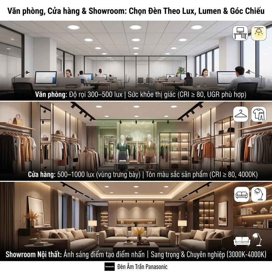 Đèn âm trần Panasonic chiếu sáng văn phòng, cửa hàng thời trang và showroom nội thất sang trọng