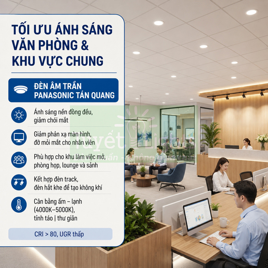 Đèn âm trần Panasonic tán quang chiếu sáng văn phòng hiện đại với không gian làm việc mở và quầy lễ tân