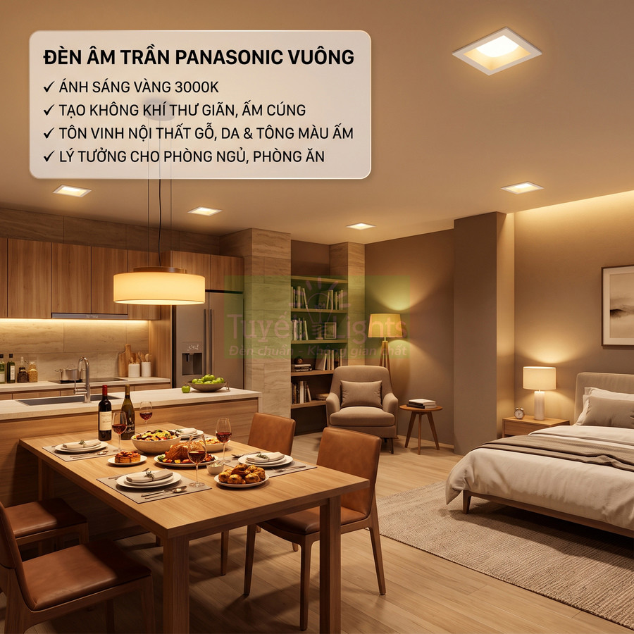 Đèn âm trần Panasonic vuông ánh sáng vàng 3000K lắp trong phòng ngủ và phòng ăn nội thất gỗ ấm cúng