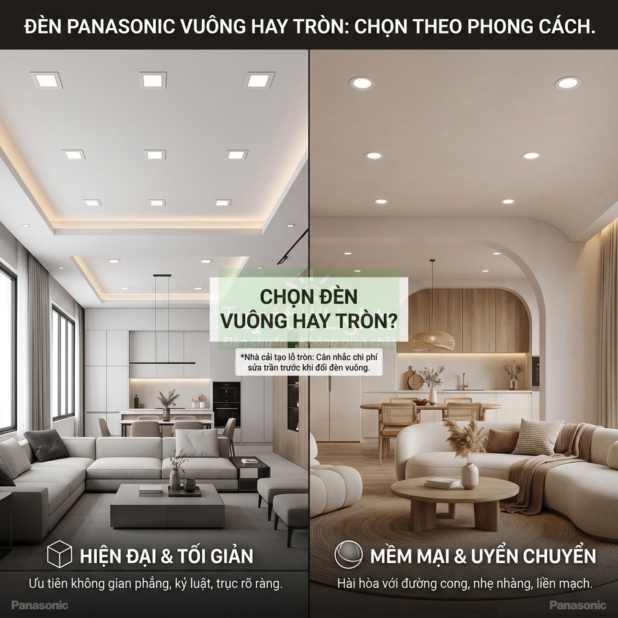 Đèn âm trần Panasonic vuông và tròn lắp trong phòng khách hiện đại và phòng khách phong cách mềm mại