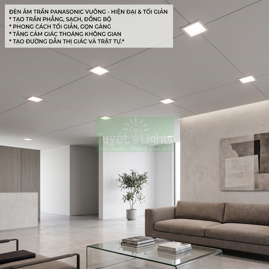 Đèn âm trần vuông Panasonic chiếu sáng phòng khách hiện đại tối giản với sofa và bàn kính