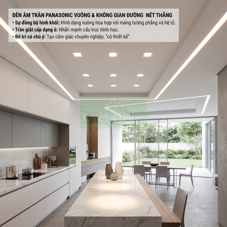 Đèn âm trần Panasonic vuông chiếu sáng phòng bếp hiện đại với nội thất tối giản và bàn đá marble
