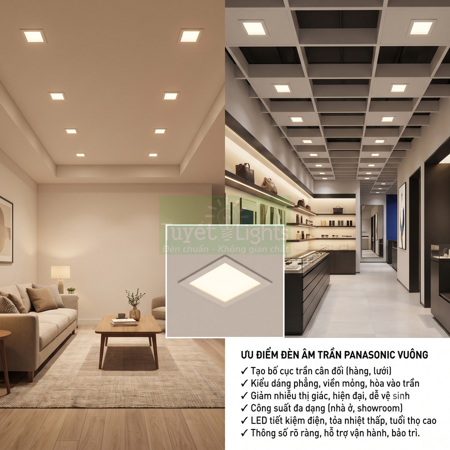 Đèn âm trần vuông Panasonic lắp trong phòng khách và cửa hàng, ánh sáng LED vàng dịu, thiết kế hiện đại