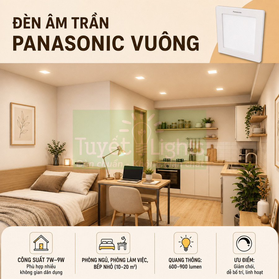 Đèn âm trần vuông Panasonic chiếu sáng phòng ngủ và bếp nhỏ, công suất 7W đến 9W