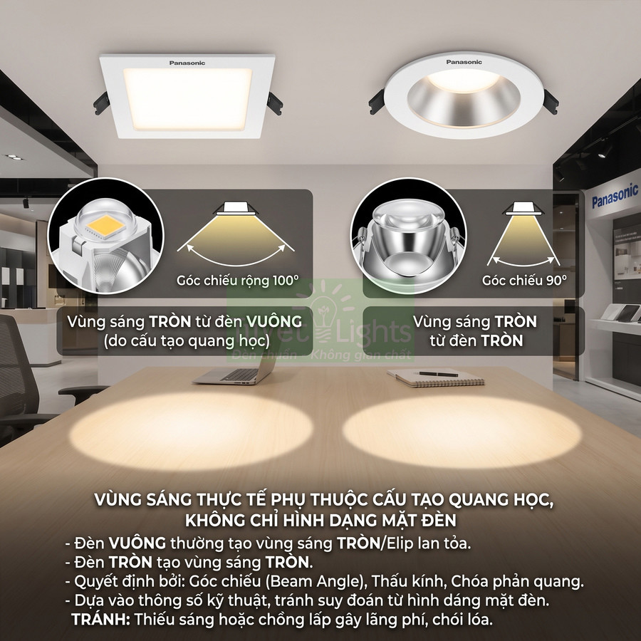 Đèn âm trần Panasonic vuông và tròn chiếu sáng bàn làm việc trong showroom hiện đại